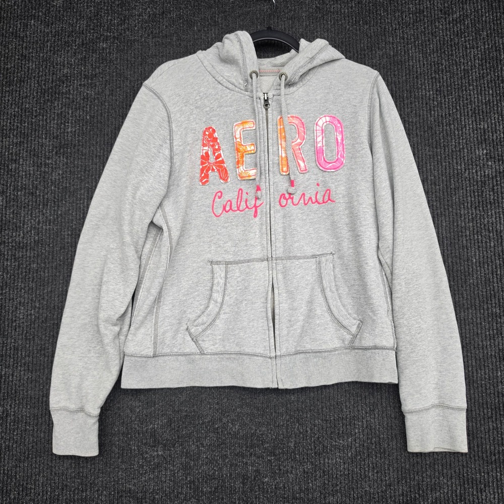 Aeropostale California Full Zip Hoodie Gray Pink Floral Applique XL